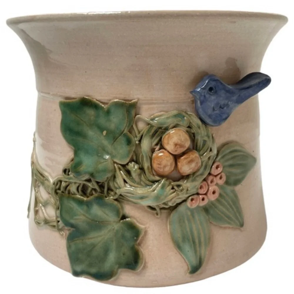 Hand Crafted Pottery Artisan Handmade Adornments Bird Nest Floral Ivy Blue Green